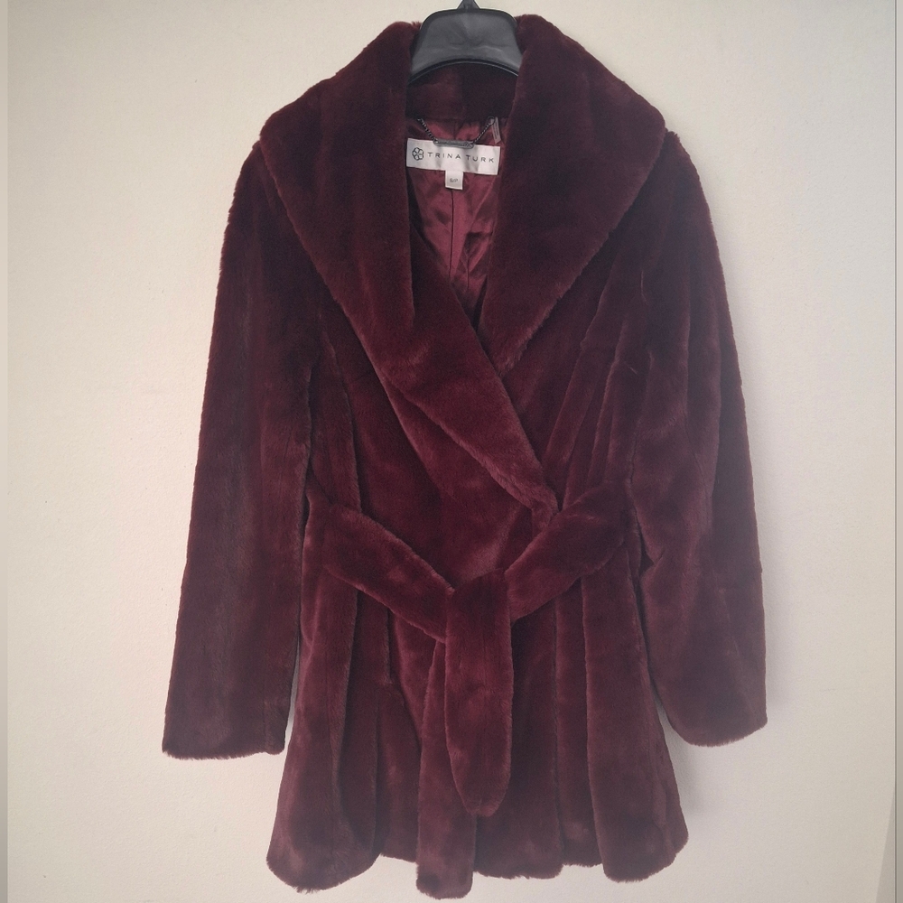 TRINA TURK Burgundy Faux Fur Coat - Size S